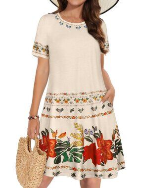 Women's Apricote Flower Tree Short Sleeve Floral Sundress Beach Cover Mini Dress